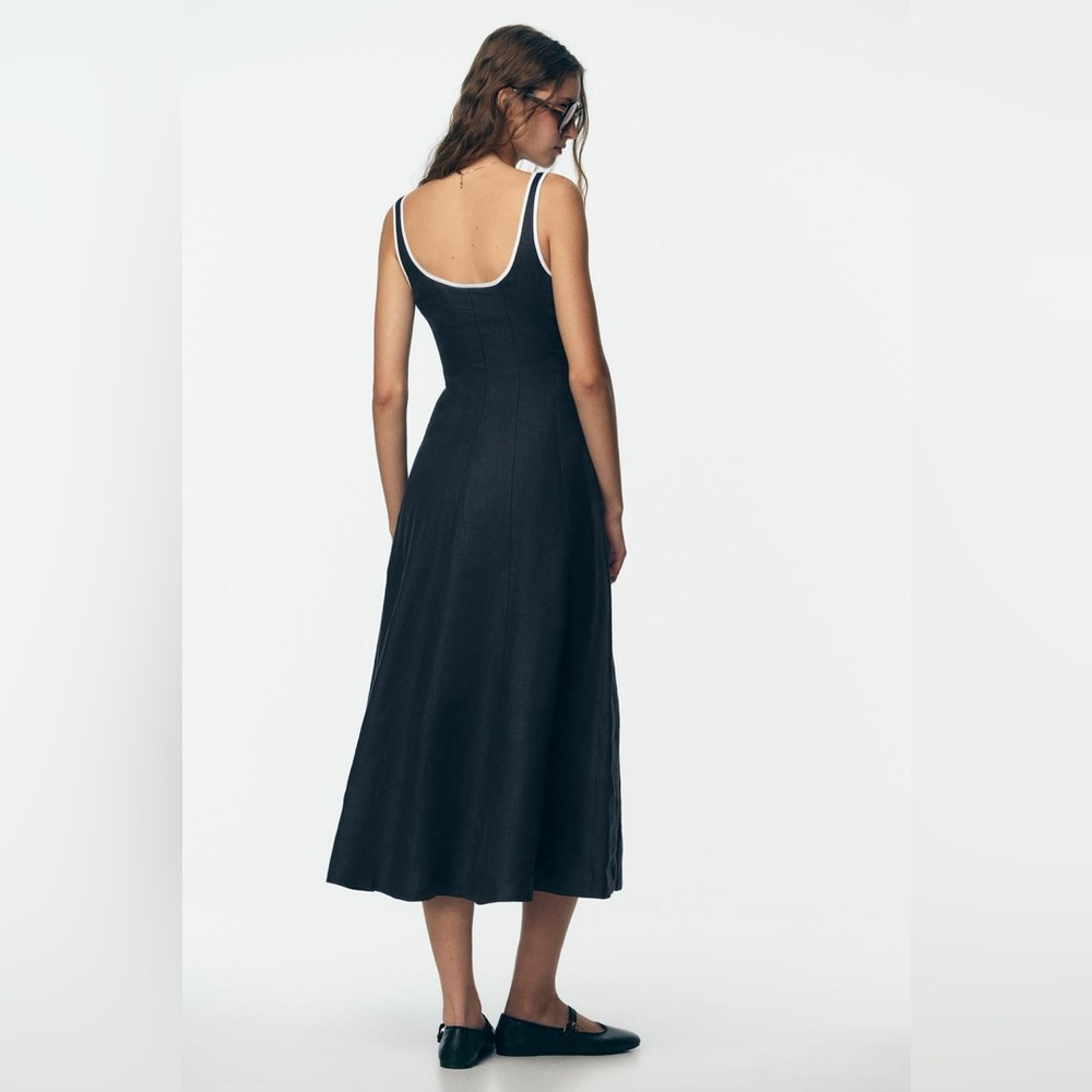Zara NWT Blue & White 100% Linen Contrast Piping Midi Summer Dress (Size Medium) - Picture 5 of 9